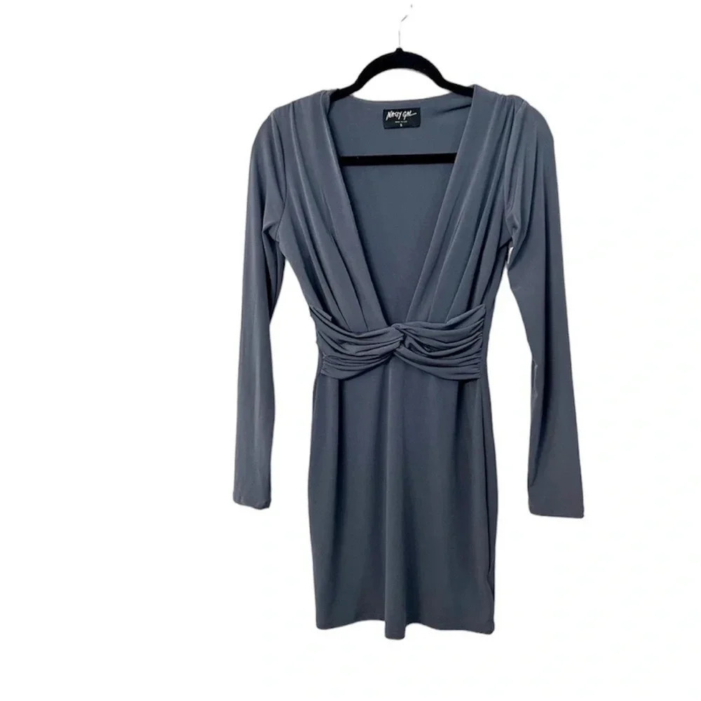 Nasty Gal Deep V-Neck Long Sleeve Gray Tunic Dress Size Small GUC